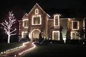 Home with white lit trees and a curving lit walkway